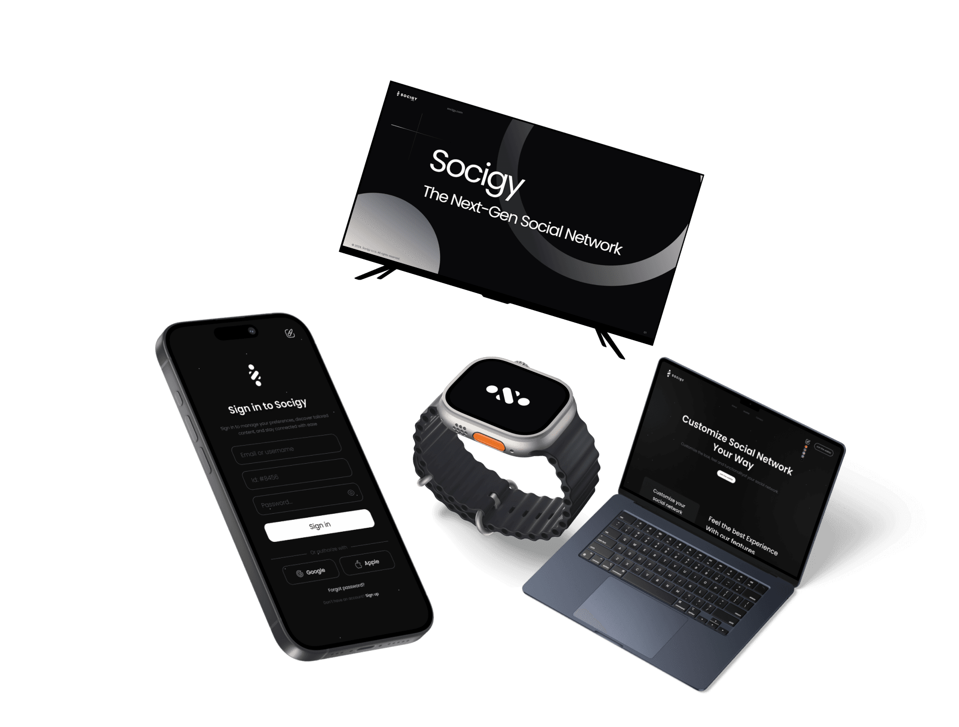 Cross-platform devices showing Socigy on web, mobile, watch, and TV